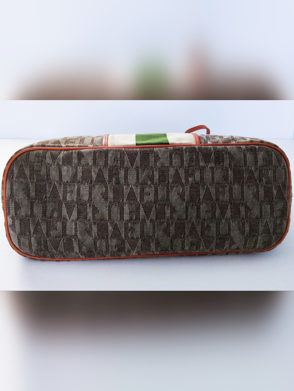 Furla Canvas Tote Bag with Green Stripe and Tan Lether Trim. Pre-owned. - Picture 5 of 13